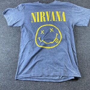 Nirvana Shirt Mens Medium Blue Smiley Face Logo Graphic Band Rock Tee T-Shirt